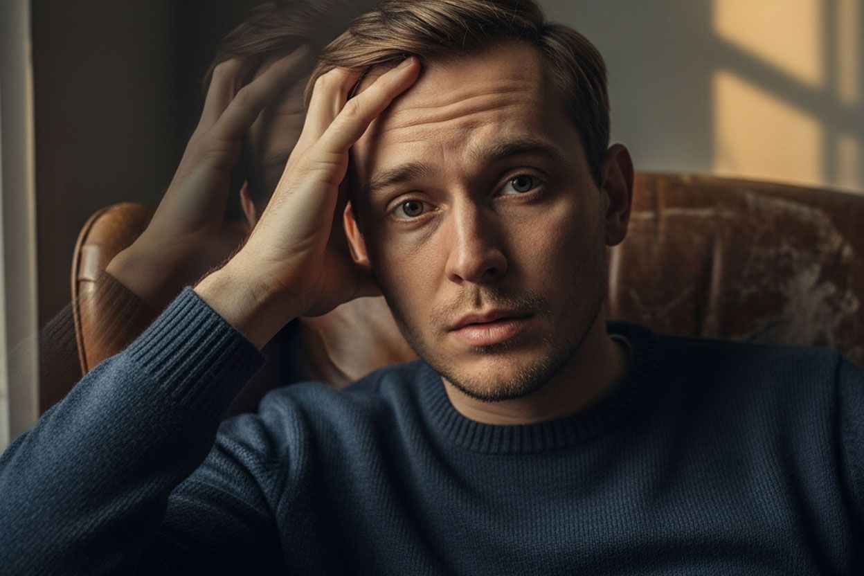 Спутанность сознания Мужчина держится за голову